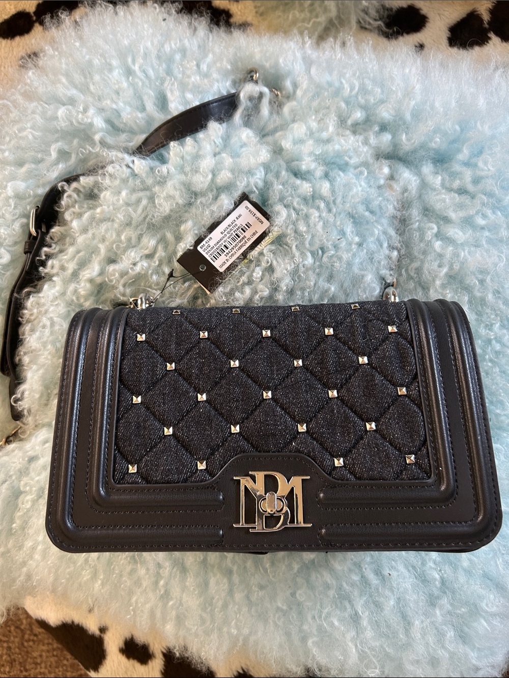 Badgley Mischka Black Quilted Stud-Accent Crossbody Bag